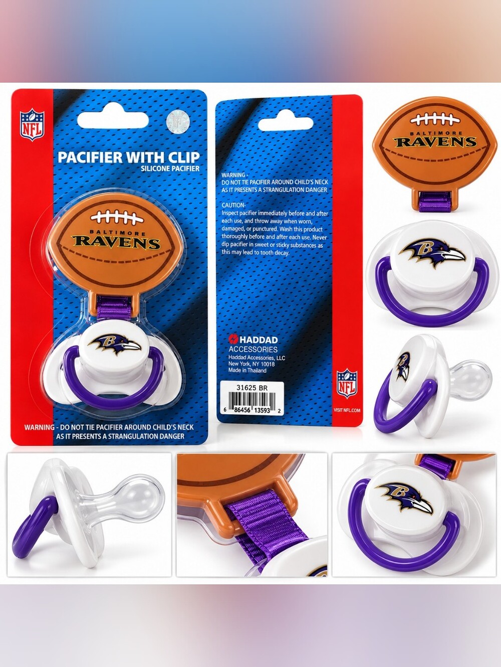 🍎 NWT NFL Baltimore Ravens Silicone Pacifier w/ Clip Infant Baby Offic Licensed